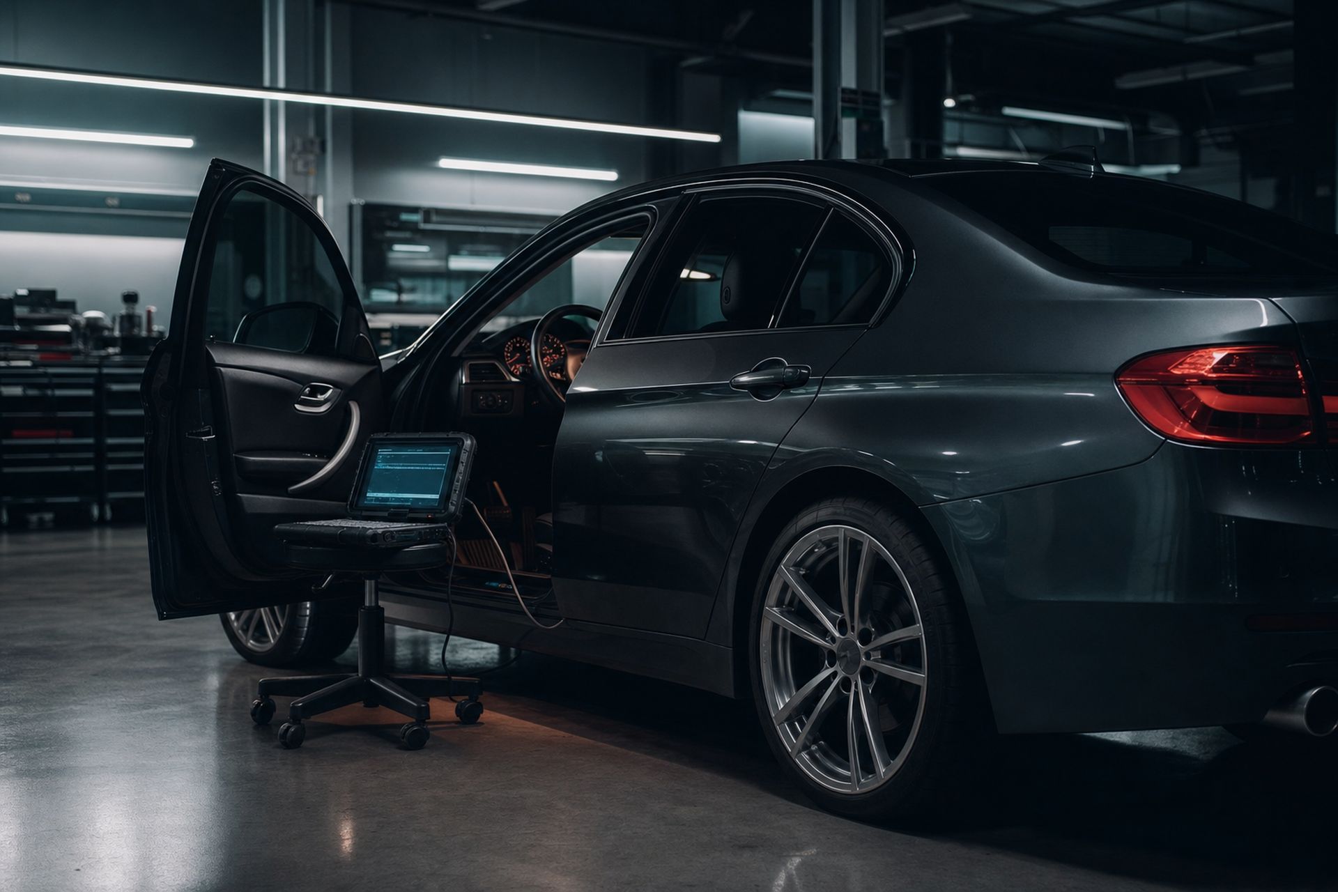 Werkplaats van Seven Tuning in Waddinxveen: diagnoseapparatuur aangesloten op een auto voor OEM-foutcode analyse